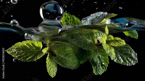 Mint leaves are submerged in water creating bubbles and reflections in a dark setting while light highlights the green colors