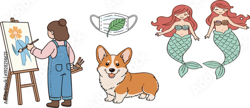 Cute lifestyle character vector set, artist girl, corgi dog, mermaid, eco mask illustration collection