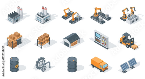 Isometric industrial factory and production elements, machinery, vehicles, and resources for manufacturing and energy sectors