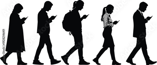 Walking people using smartphone silhouette set modern men and women mobile phone users isolated vector illustration for digital lifestyle concept