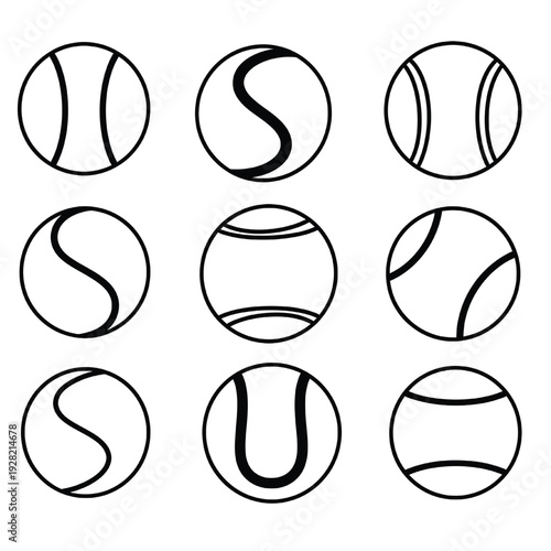 Tennis ball icon set in black outline style, nine variations in a grid, minimalist sport symbols isolated on white featuring icons, line art, simple with symbol and pictogram elements for sports