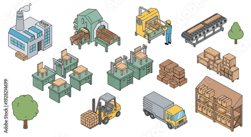Isometric factory and warehouse elements depicting industrial processes and logistics forklifts, trucks, and production lines