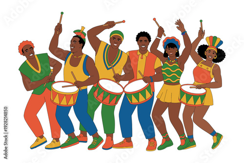 A vibrant illustration of people dancing with colorful drums and sticks
