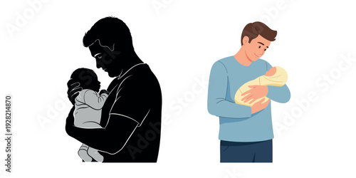 Loving Father Holding Newborn Baby: Silhouette and Flat Vector Illustration