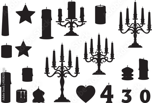 Black silhouettes of various candles and candelabras on white background