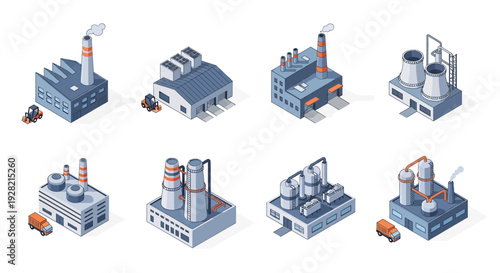Collection of isometric industrial buildings, including factories, warehouses, and processing plants, along with small vehicles like trucks and forklifts