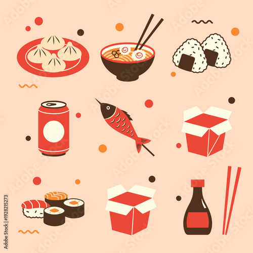Collection of Asian food icons featuring sushi dim sum noodles onigiri soy sauce and takeout boxes in flat vector style for restaurant menu design
