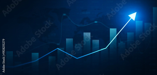 Business financial chart with moving up arrow graph.Financial data charts with glowing stock market graphs.Stock market investment data and analysis finance graph.	
