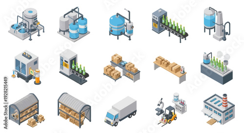 Isometric industrial production line with bottling, packaging, and logistics elements