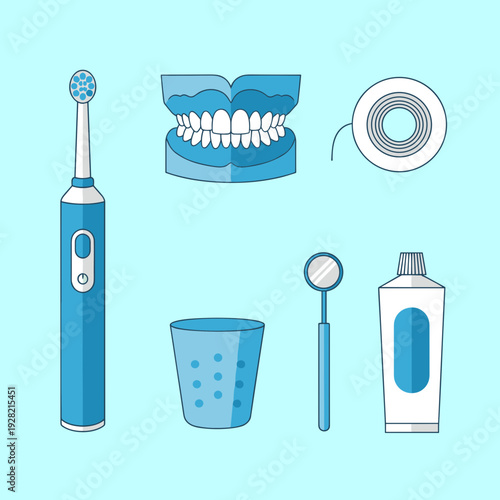 Dental hygiene set with electric toothbrush, toothpaste tube, dental floss, mouthwash glass, mouth mirror, and teeth model on blue background