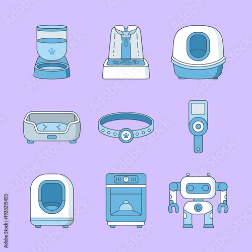 Smart pet care technology icons set with automatic feeder water fountain smart litter box and pet robot assistant for modern domestic animals