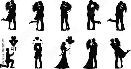 Romantic couple silhouette collection kissing hugging proposal love poses with balloons isolated vector illustration set for wedding and Valentine design