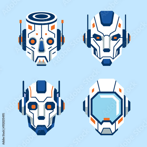 Futuristic robot head portraits collection with cyborg character designs featuring technology sensors, white armor plates, and blue visor details