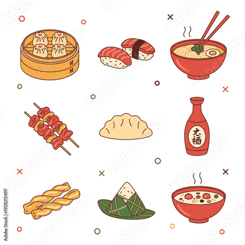 Assorted Asian cuisine food icons set featuring dim sum, sushi, ramen noodles, dumplings, skewers, sake bottle, zongzi, and dessert bowl