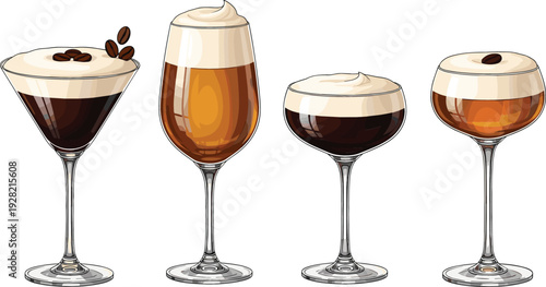 Coffee Cocktail Drinks Collection Vector Illustration with Espresso Martini, Irish Coffee and Cream Topped Beverages in Elegant Glasses