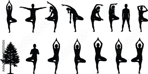 Yoga Tree Pose Silhouette Collection with Male and Female Balance Postures and Meditation Stances Vector Set