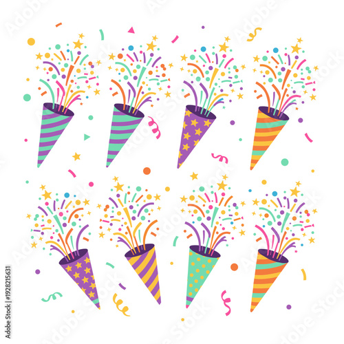 Festive party poppers with colorful confetti and stars pattern for celebration, birthday or holiday event background vector illustration
