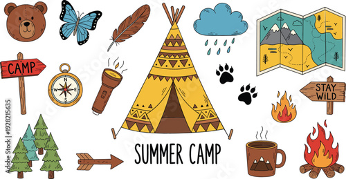 Summer Camp Adventure Elements Vector Illustration with Teepee Tent, Campfire, Forest, Map, Compass and Outdoor Exploration Icons Set