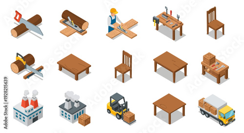 Isometric icons depicting woodworking, furniture creation, and industrial factory and logistics elements