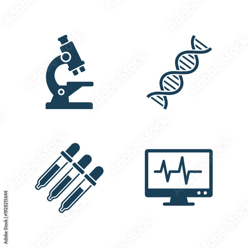 Scientific research and laboratory equipment icons set featuring a microscope, DNA double helix structure, pipettes, and medical heart monitor