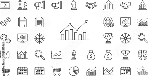 Business and Finance Line Icons Set with Growth Charts Analytics Strategy Marketing and Investment Symbols