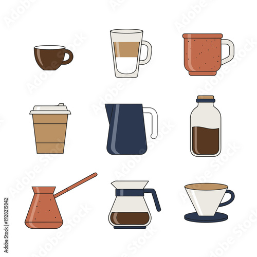 Coffee and tea drinkware icons set featuring various mugs glasses paper cup coffee pot and drip brewer for cafe and beverage menu design