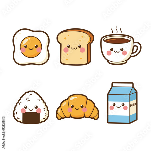 Cute kawaii breakfast food characters set including fried egg toast coffee onigiri croissant and milk carton with happy smiling faces