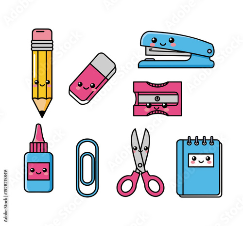 Cute kawaii school supplies and stationery characters with happy faces including pencil eraser stapler sharpener glue paperclip and notebook
