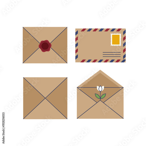 Vintage kraft paper envelope set featuring wax seal airmail stripes postage stamp and floral decoration for mail communication and letters