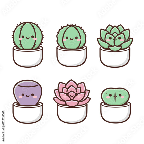 Collection of cute kawaii succulent and cactus plants in white pots with happy smiling faces for home gardening and indoor plant decoration