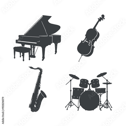 Collection of musical instrument silhouettes including grand piano, cello, saxophone, and drum kit isolated on white background for jazz band design
