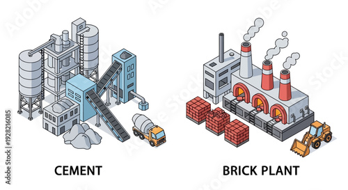 Industrial production facilities for cement and bricks, showcasing manufacturing processes