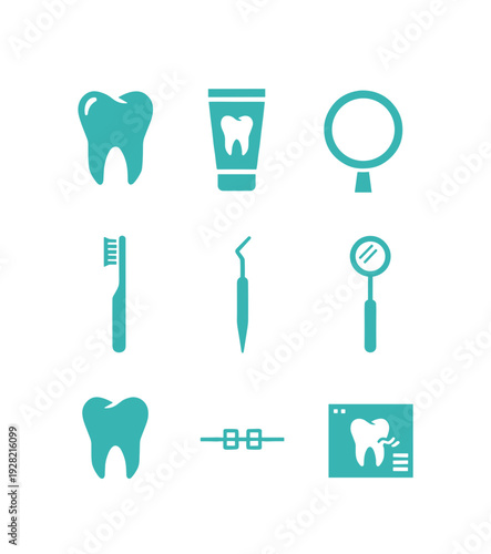 Dental care and stomatology icons set featuring tooth, toothpaste, toothbrush, dentist tools, braces, and x-ray for oral hygiene and medical health