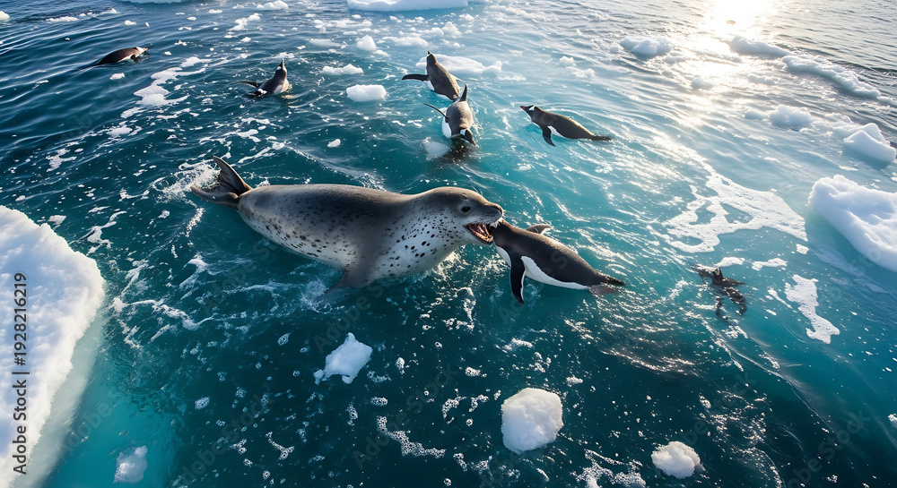 Obraz premium A group of seals swimming and playing in the icy blue waters of the Arctic Ocean, surrounded by floating icebergs.
