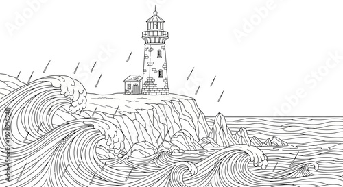 Lighthouse on Rocky Coastline During Stormy Weather Black and White Illustration