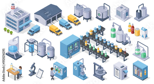 Isometric industrial factory and manufacturing process with conveyor belts and machinery, representing production and logistics