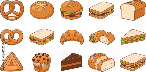 Huge bakery vector set with various bread loaves sandwiches burgers croissants pretzels muffins and cake slices isolated on white background for food design
