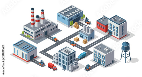 Modern Industrial Park with Warehouses, Factories and Transportation Network System