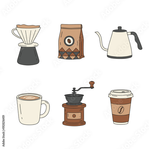 Professional Coffee Brewing Equipment Set Featuring Pour Over Dripper Coffee Beans Grinder Goose Neck Kettle and Mug for Cafe and Barista Design