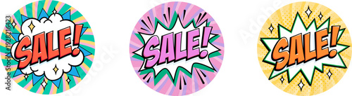 Round sale sticker with glossy pink lettering on white burst shape, with green spikes and soft purple spiral background. Vibrant badge in retro comic style for boutique promos, fashion discounts