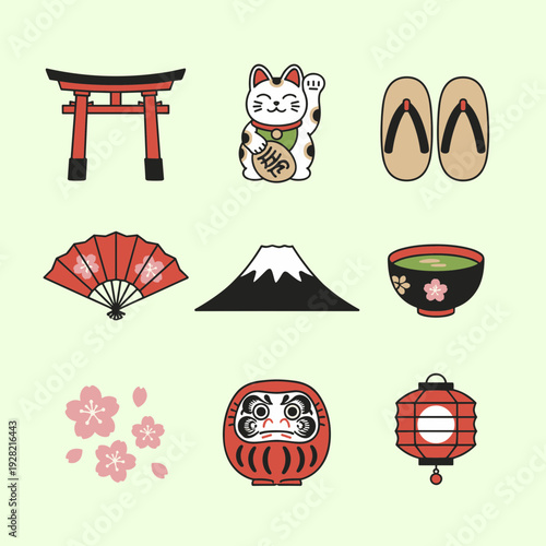 Japanese culture and travel icons set featuring torii gate maneki neko lucky cat fuji mountain cherry blossom daruma doll and red lantern