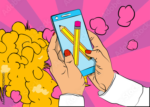Cartoon Smartphone, comic book Telephone with Pencil. Retro vector comics pop art design.