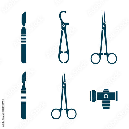 Professional surgical instruments and medical operating tools icons set featuring scalpel forceps scissors and clamps in dark blue silhouette