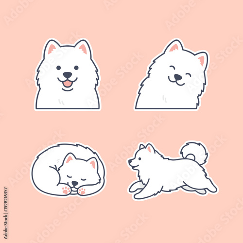 Cute white samoyed dog character stickers in various poses including sitting smiling sleeping and running funny domestic pet animal vector