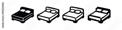 Isometric Bed with Two Pillows Icons Set