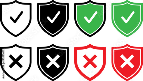 Shield icons with checkmarks and crosses in various colors for security concepts