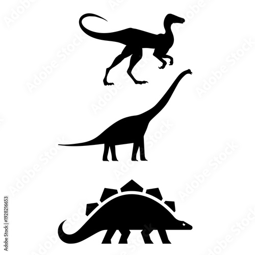 Minimalist Black Dinosaur Silhouette Icon Set for Science and Education