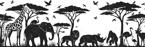 Black-and-white savanna silhouette scene with giraffe, elephant, lion, rhinoceros, gorilla, flamingo, antelope, tortoise, birds, and acacia trees