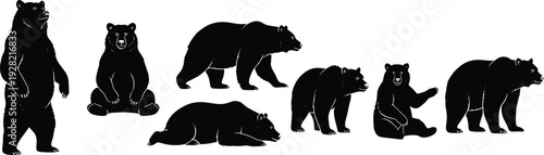 Seven black bear silhouettes in diverse natural poses including standing, sitting, walking, crouching, lying, raising paw, and moving