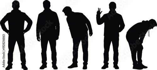 Casual men silhouettes set showing standing, waving and bending poses isolated on white background vector illustration